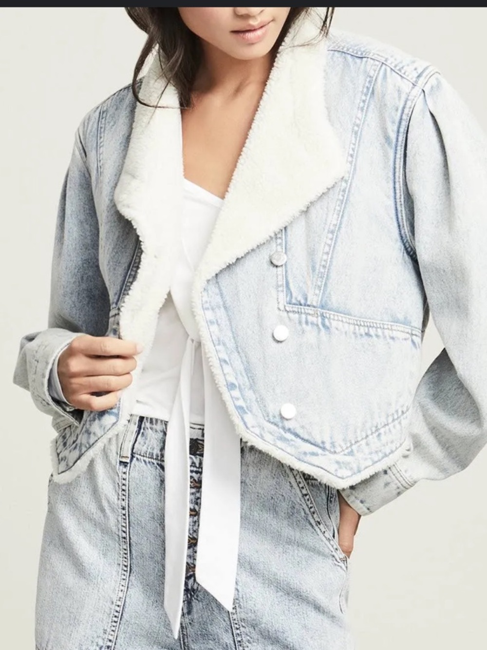 Veronica Beard Light Wash Denim Jean Jacket with White Sherpa Collar